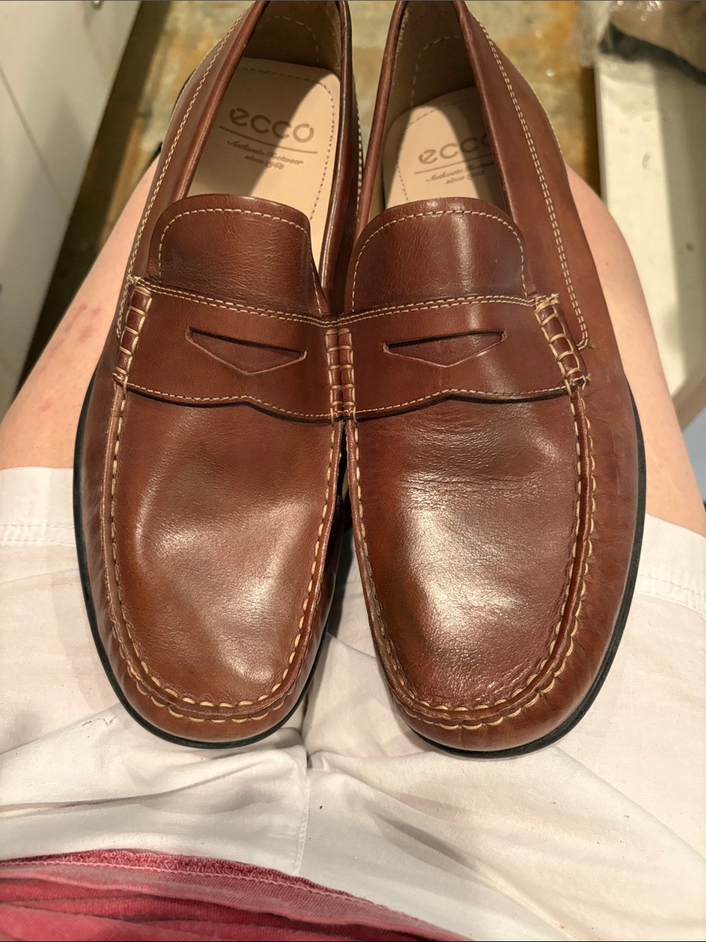 Ecco Men's Brown Leather Penny Loafers - Classic Tan Stitch (Extra Wide) 10.5-11